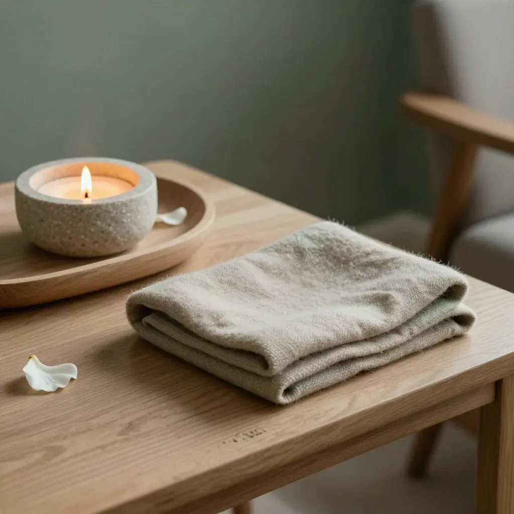 Stone candleholder, wool throw and petal bowl on a therapy side table in warm haze.