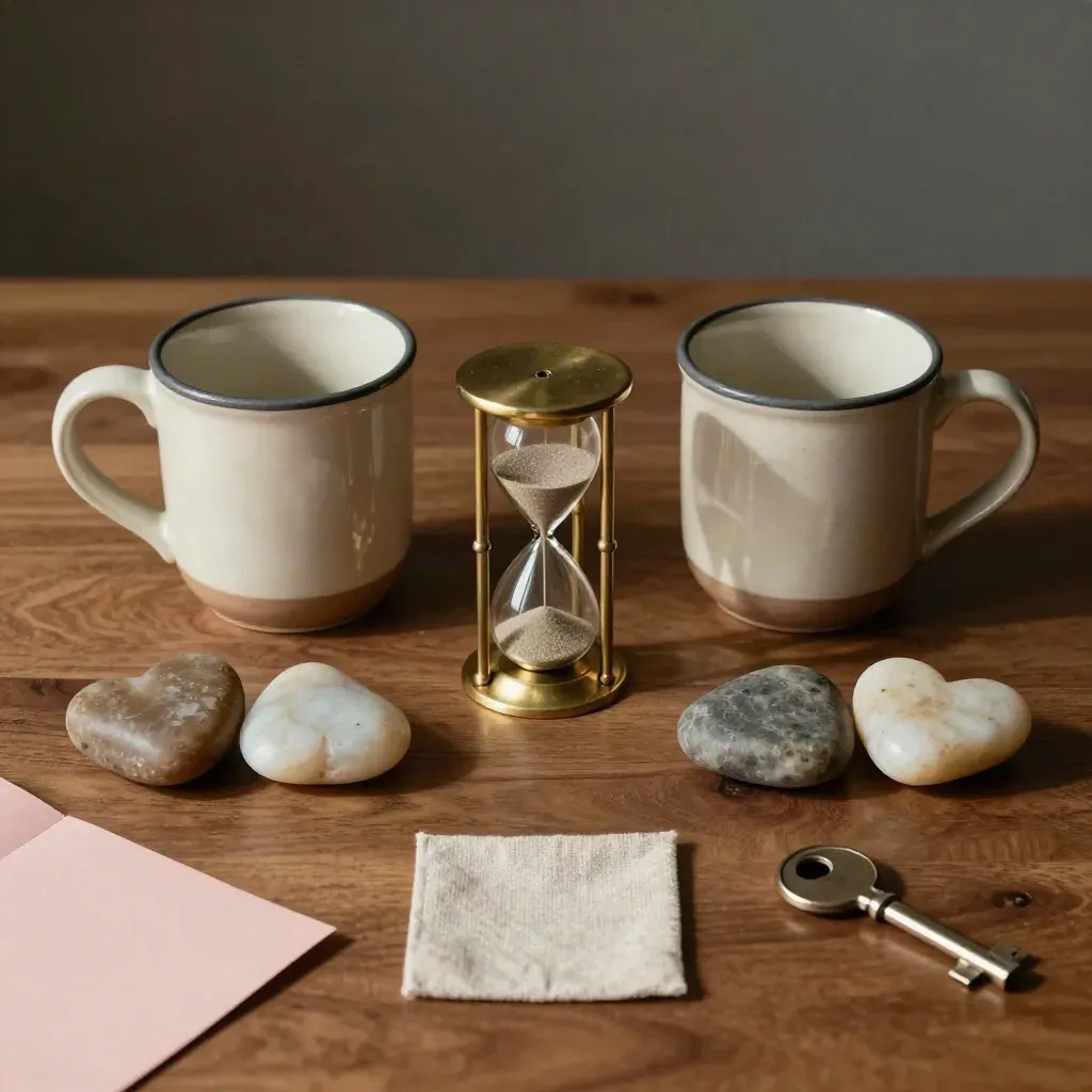 Two mugs, hourglass and talking stones on a walnut table, symmetrical still life.
