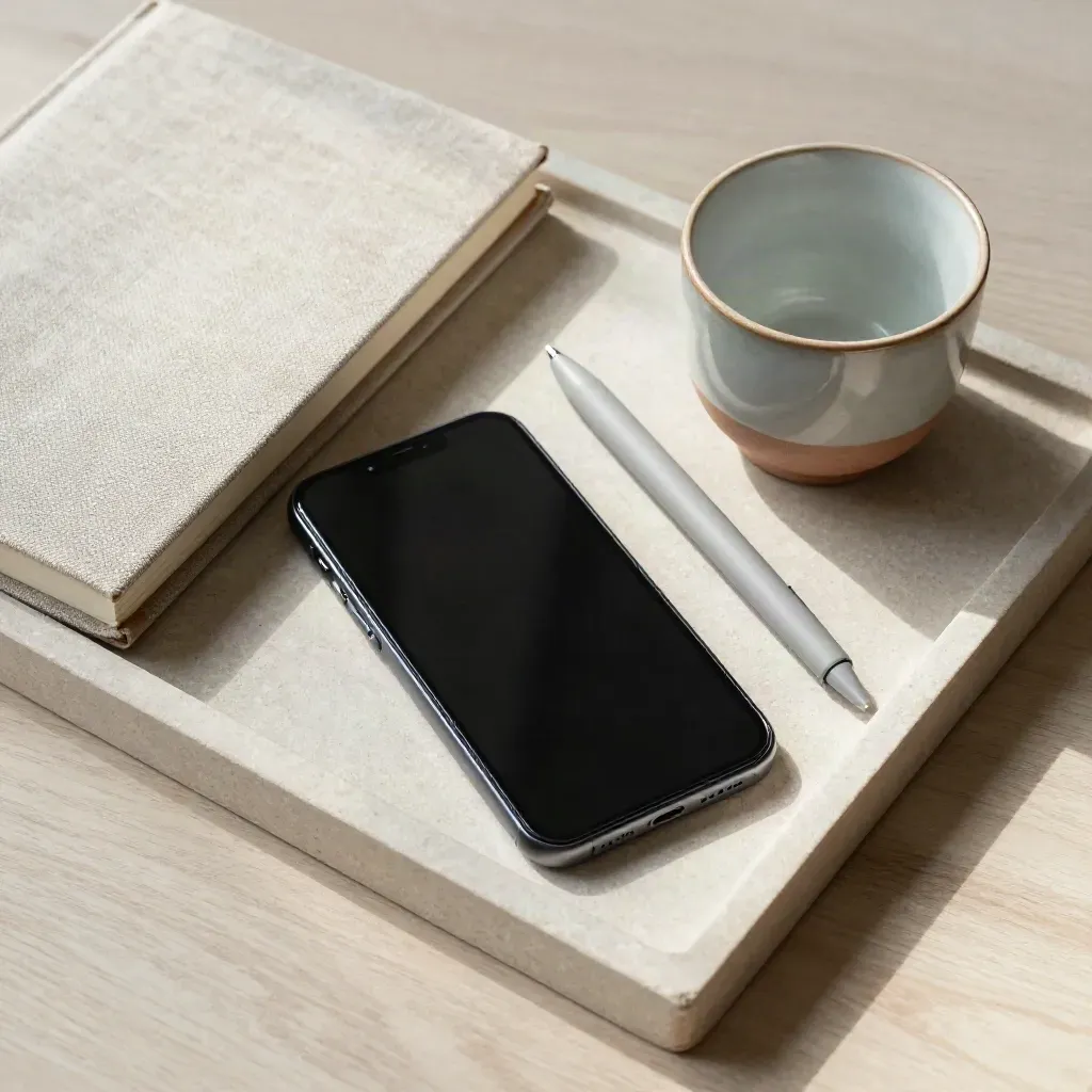 Overhead still life of a phone, notebook, pen and cup on a stone tray over pale wood.
