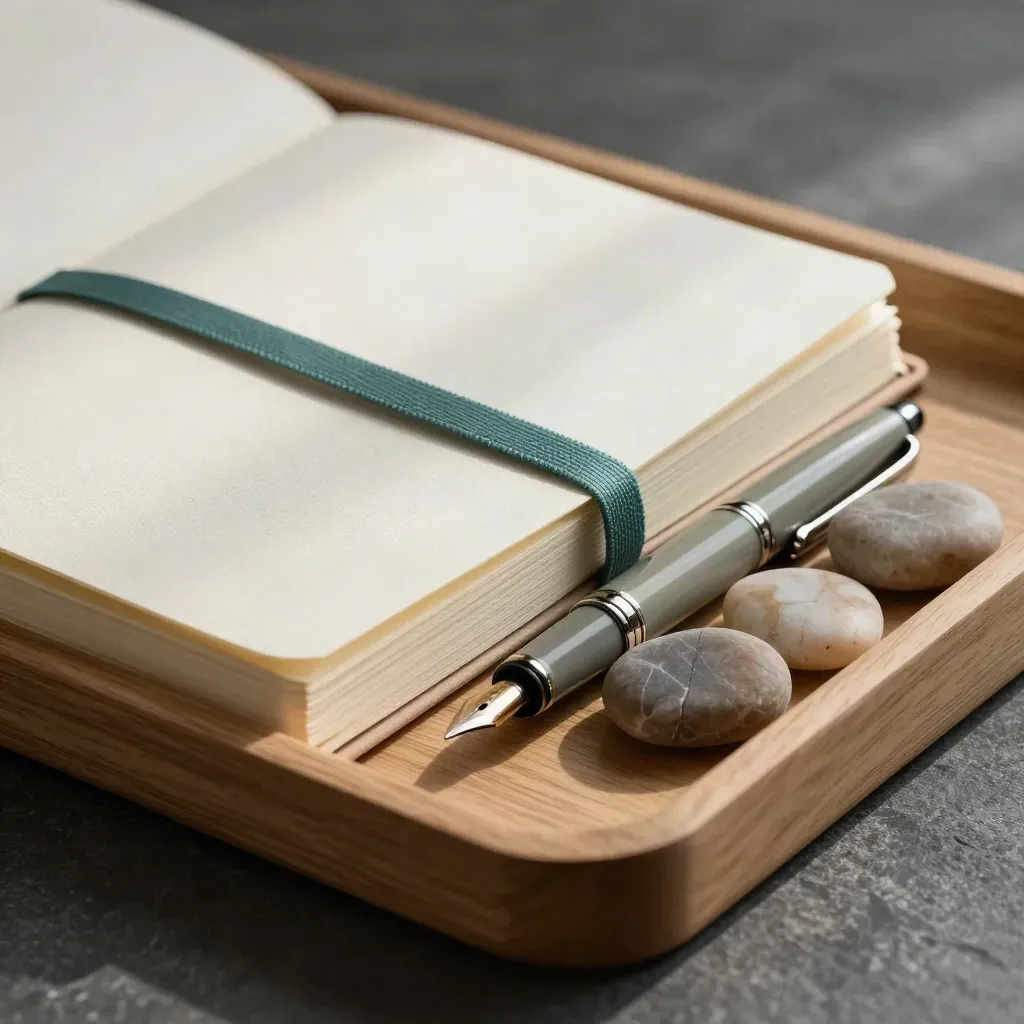 Cream notebook, teal ribbon, fountain pen and pebble markers on oak tray, side-lit macro.
