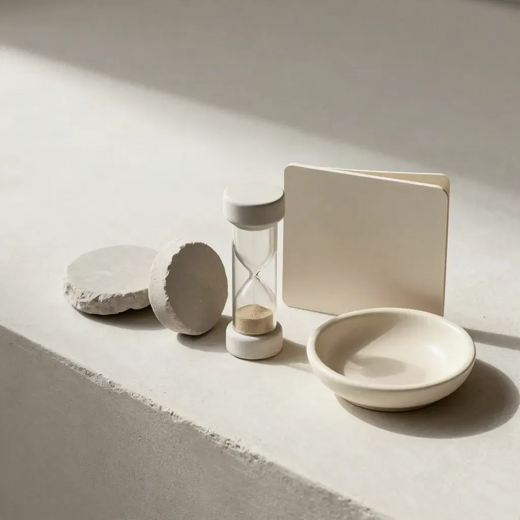 Stone tokens, sand timer and ceramic dish on a pale plaster ledge.