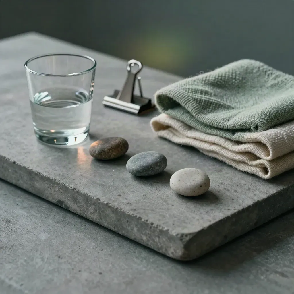 Half-filled glass, marker stones, folded sage blanket, and turned-away calendar clamp on stone tray.