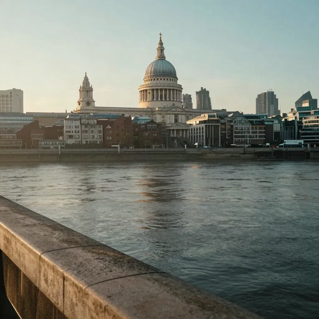 St Paul’s and London skyline above the Thames at blue hour, calm dark river foreground.