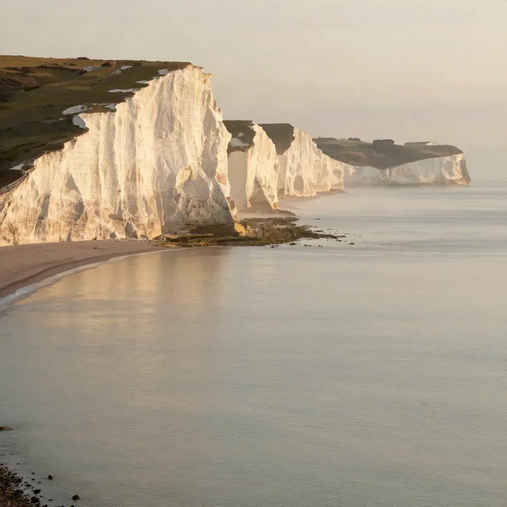 Seven Sisters chalk cliffs glowing at golden hour above a misty calm sea.