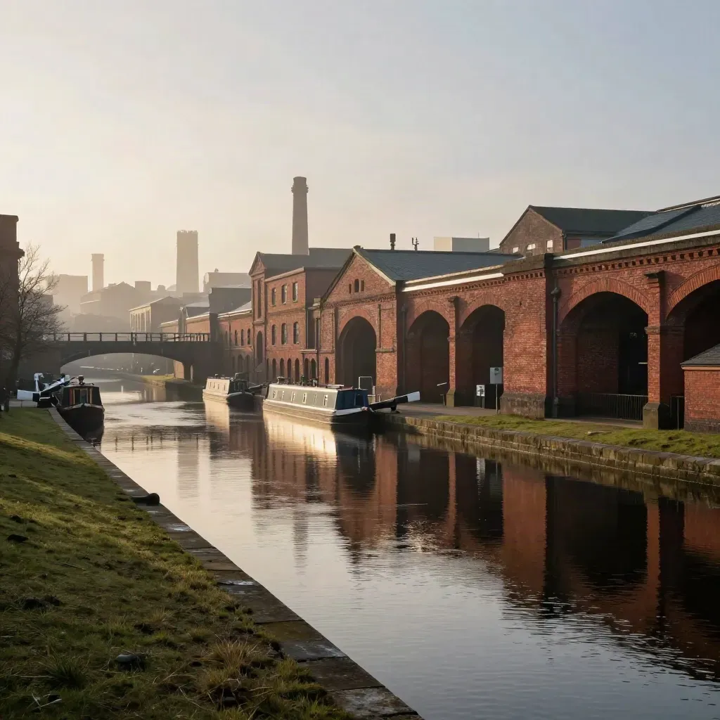 Hazy canal basin with red-brick viaducts high in frame and calm water below.