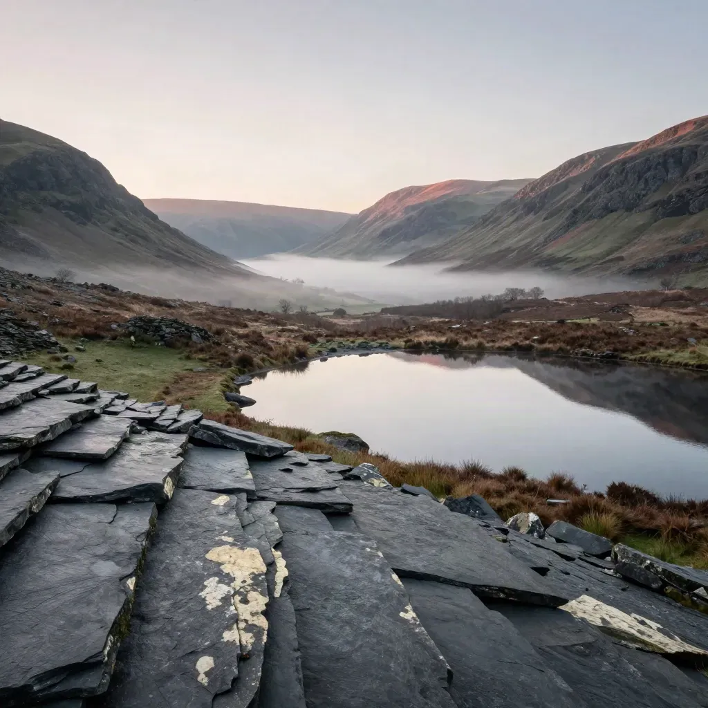 Slate fells, still tarn and misty ridgelines under soft dawn light