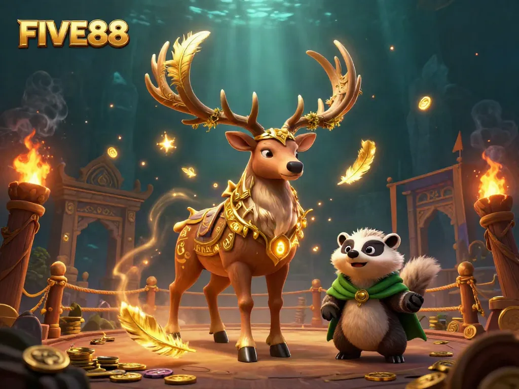 Engage in exciting gameplay with FIVE88's vibrant casino scene showcasing gold coins and betting tokens.