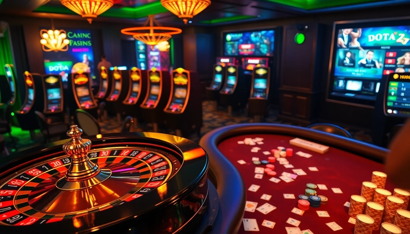 Engaging casino scene showcasing gambling action at https://rr88.pizza/ with roulette, poker, and slot machines.