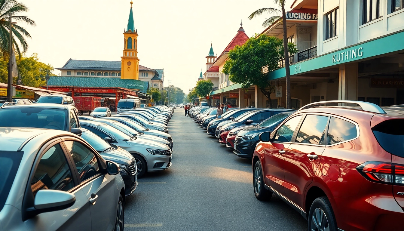 Car rental in Kuching Sarawak, showcasing vibrant cars and local atmosphere.