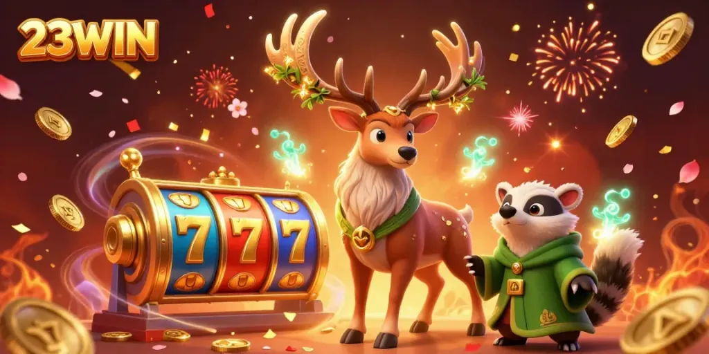 Engage in thrilling gameplay with 23WIN's vibrant 3D casino art showcasing dynamic slot reels.