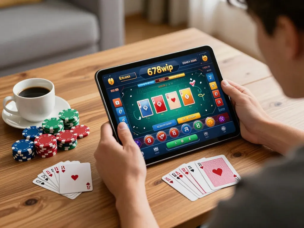 Engaging online poker game on 678vip com with a player revealing a winning hand, vibrant atmosphere.