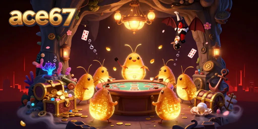 Engage in exciting gaming with ace67's vibrant cave casino featuring glowworms and aquatic treasures.