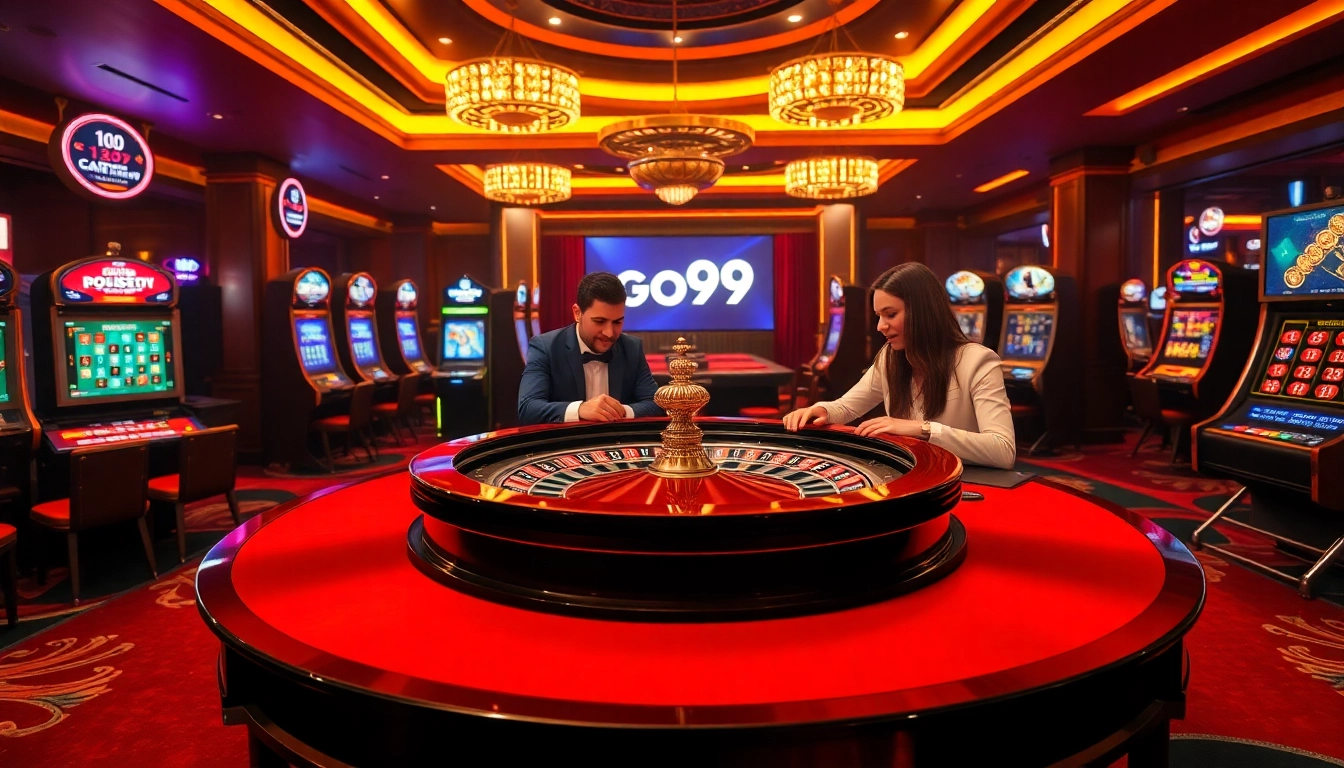 Exciting casino scene depicting go99 gaming with poker tables and vibrant slot machines.
