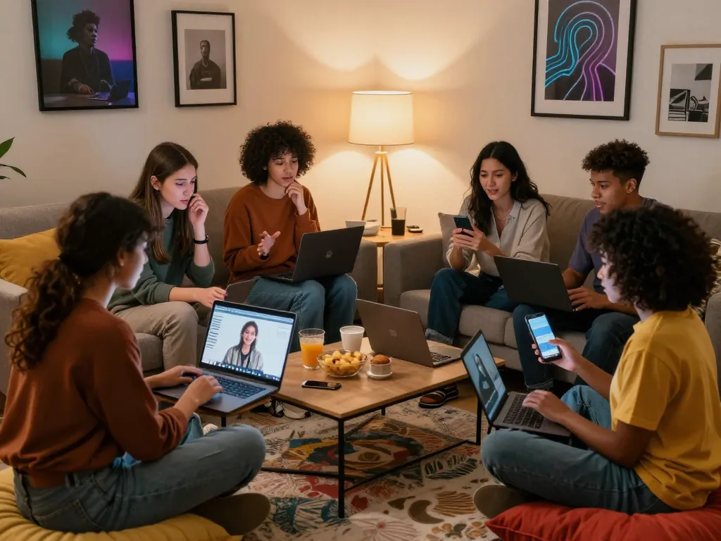 Engaging group discussion on sex chat AI in a cozy living room setting.