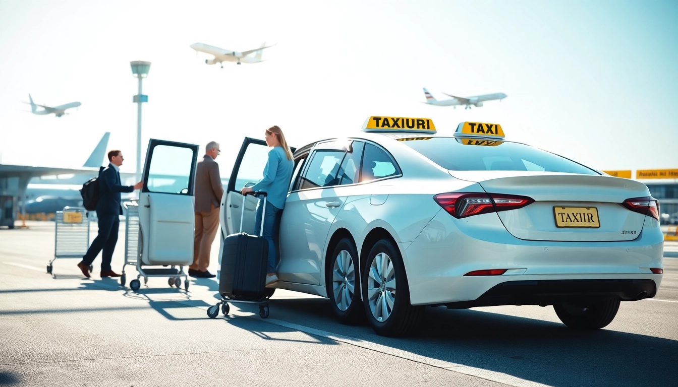 Heathrow taxi service engaging with passengers at a busy airport terminal.