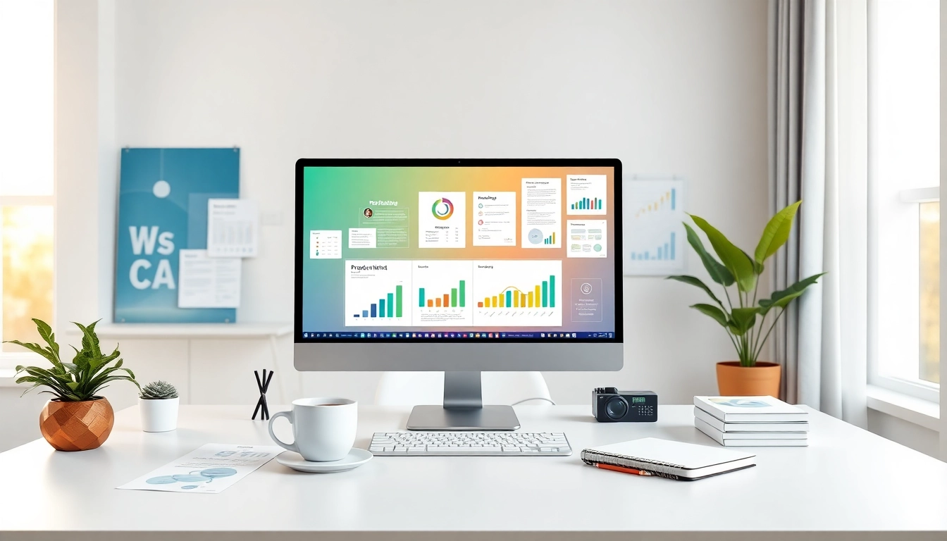 现代办公空间，电脑上展示 WPS Office，环境明亮通透。
