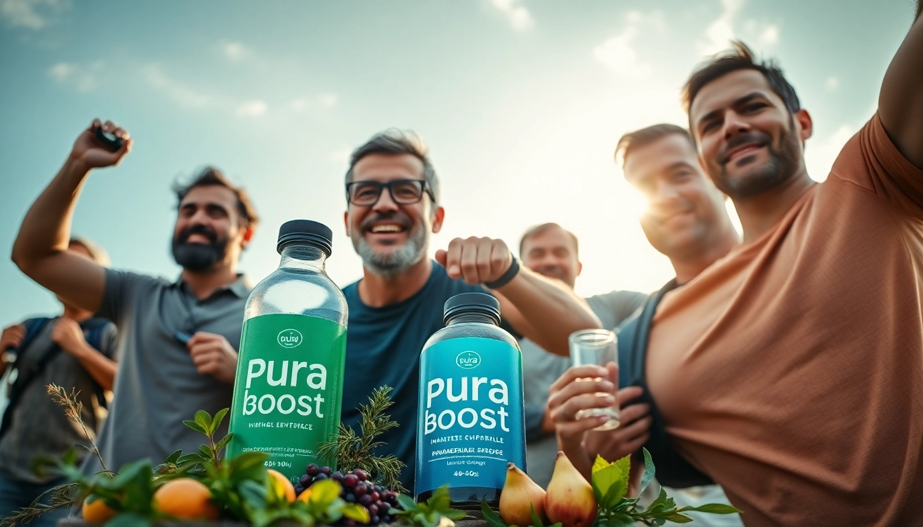 PuraBoost revitalizes men's vitality with natural ingredients, showcasing active and confident men outdoors.