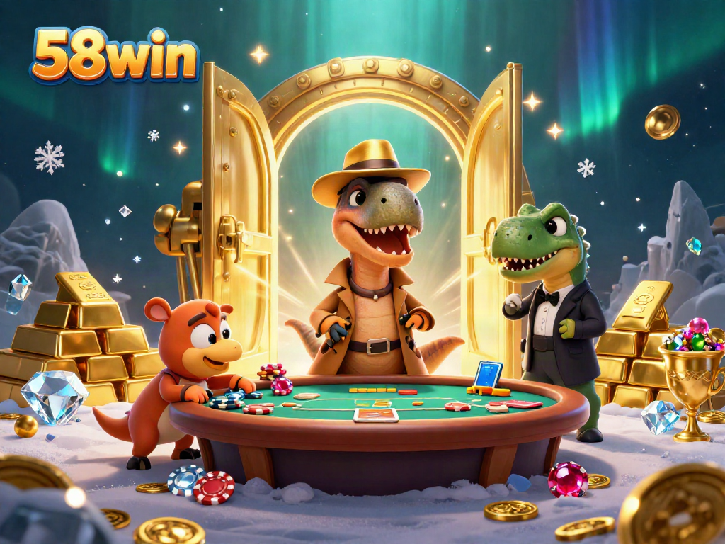 58win's vibrant casino scene shows a velociraptor card counter at a blackjack table, adding excitement.
