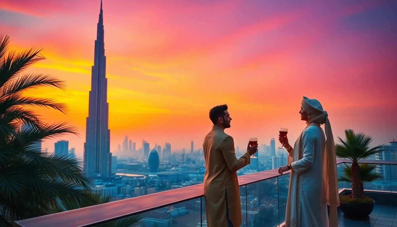 Travel to Dubai with a luxurious sunset view of Burj Khalifa and a couple enjoying cocktails.