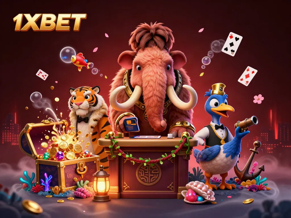 Engage with 1XBET's vibrant casino scene featuring a woolly mammoth bouncer and VIP guests.