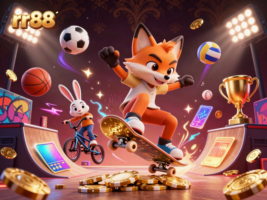 Exciting rr88 scene with a skateboarder fox performing tricks over poker chips and sports elements.