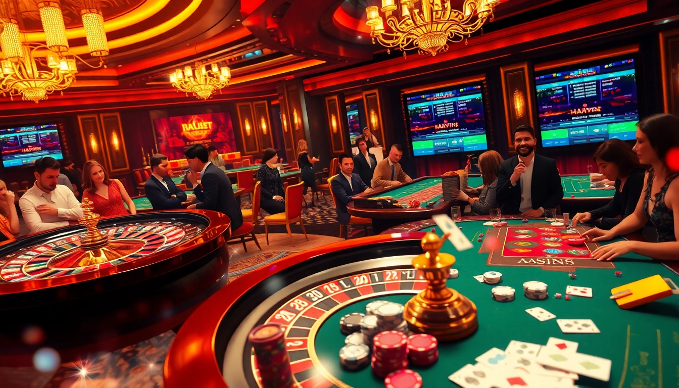 Players engaging in a lively casino atmosphere showcasing haywin's exciting gambling options.
