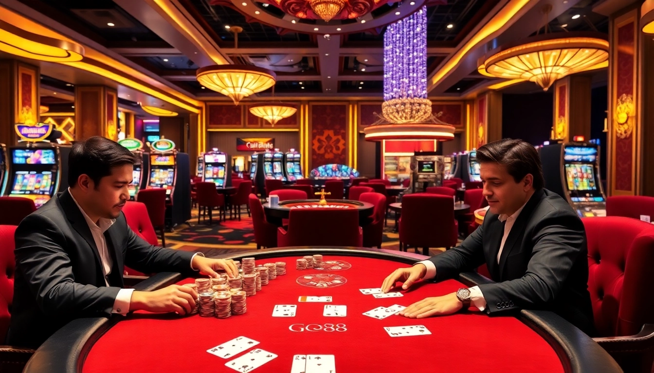 Exciting gaming action at GO88's luxurious casino with poker chips and glowing slot machines.
