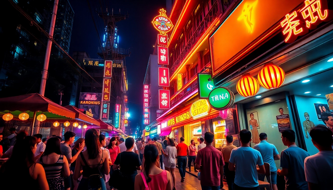 Vibrant 호치민밤문화 street scene with lively outdoor bars and neon lights