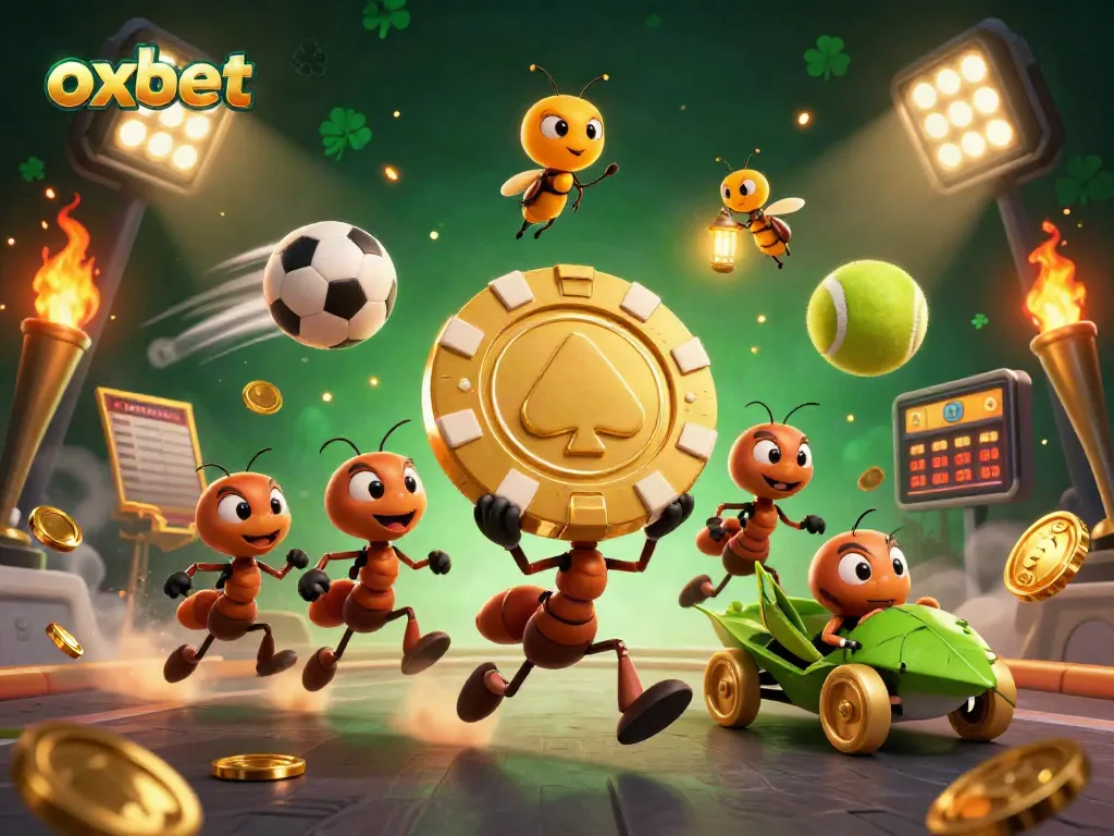 Experience thrilling gaming action at oxbet with ants on a heist for a giant poker chip, showcasing a vibrant casino world.