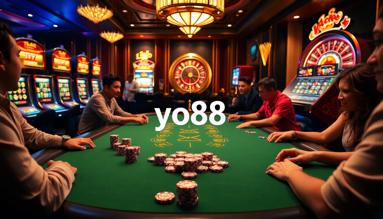 Experience thrilling poker gameplay at yo88, as players strategize and bet at a luxurious table.