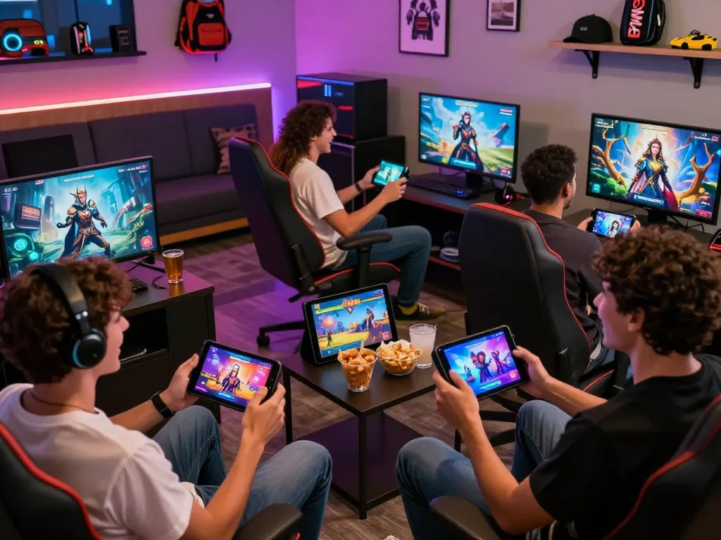 Players engaged in porn games online in a vibrant gaming lounge with 3D simulators.