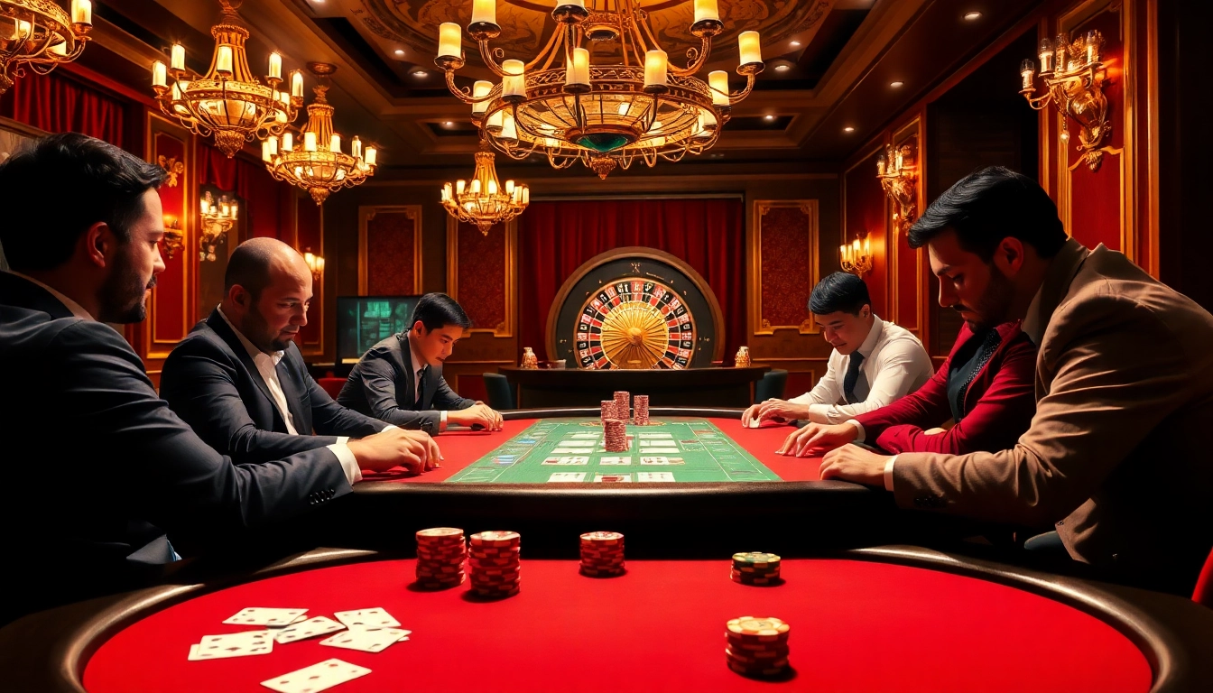 Exciting high-stakes poker scene at a luxurious casino, featuring 123win vn elements.