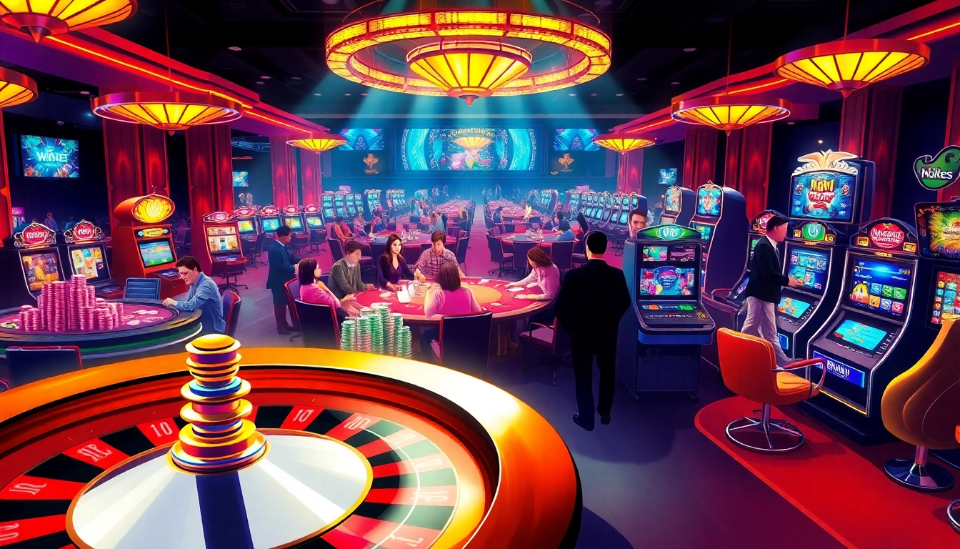 Exciting atmosphere at a vibrant casino demonstrating "Nhà cái uy tín nhất" with players engaged in poker and roulette.