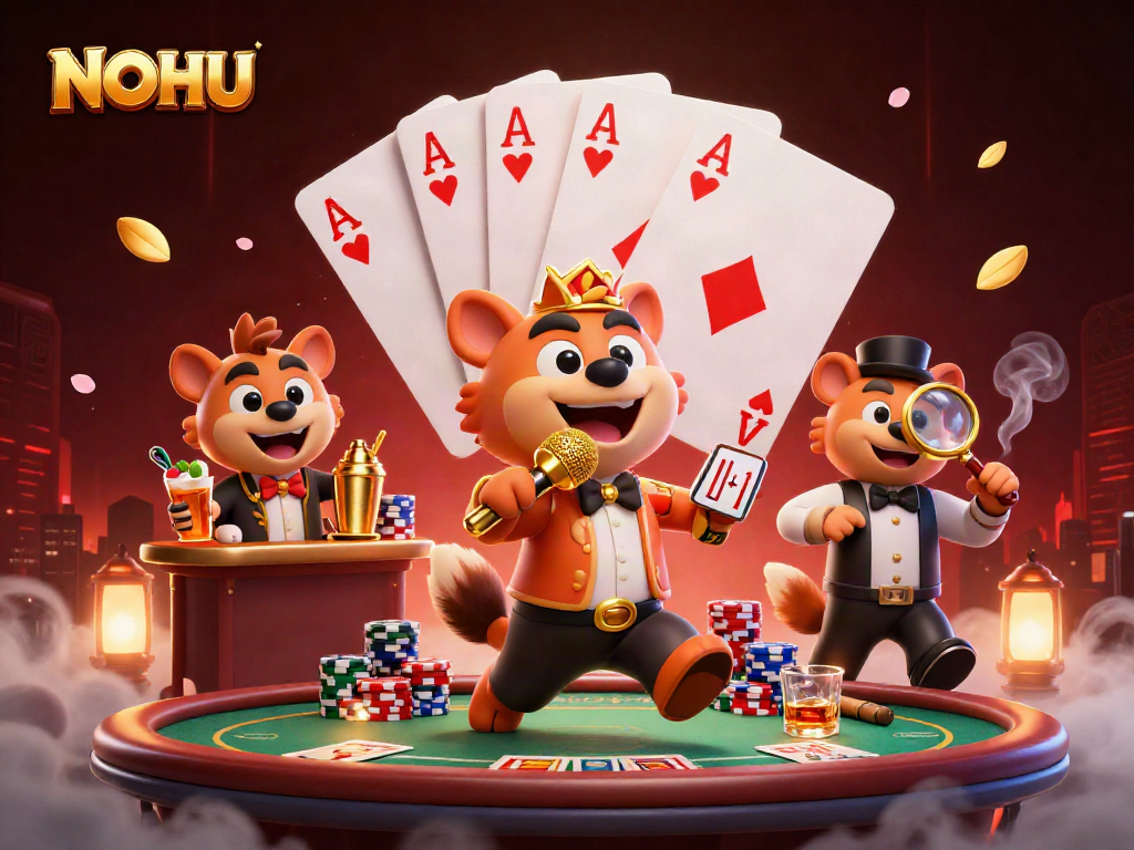 Engage with NOHU's vibrant casino club scene featuring animated hyenas amidst a lively poker setting.