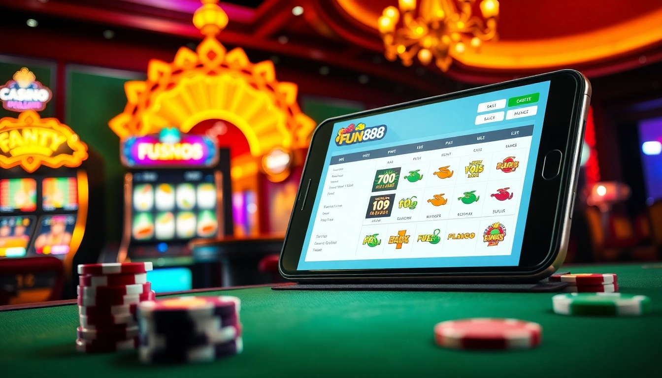 Engaging Fun88 users with an exhilarating mobile casino experience featuring vibrant gaming elements.
