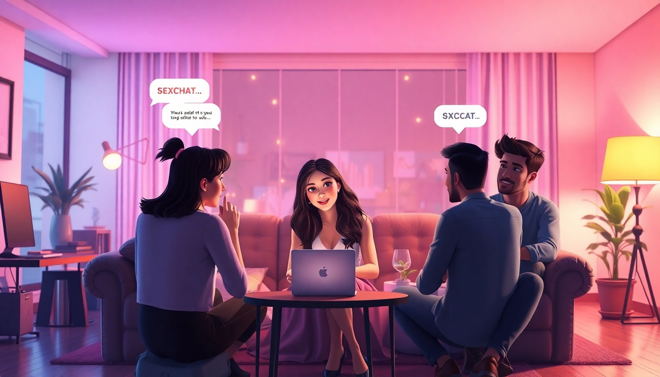 Engaging sexchat scene showcasing animated characters in a cozy virtual chat room environment.