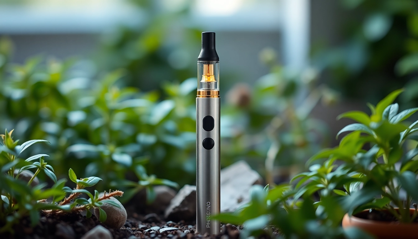 Buy DMT with a radiant vape pen surrounded by tranquil herbs and plants.