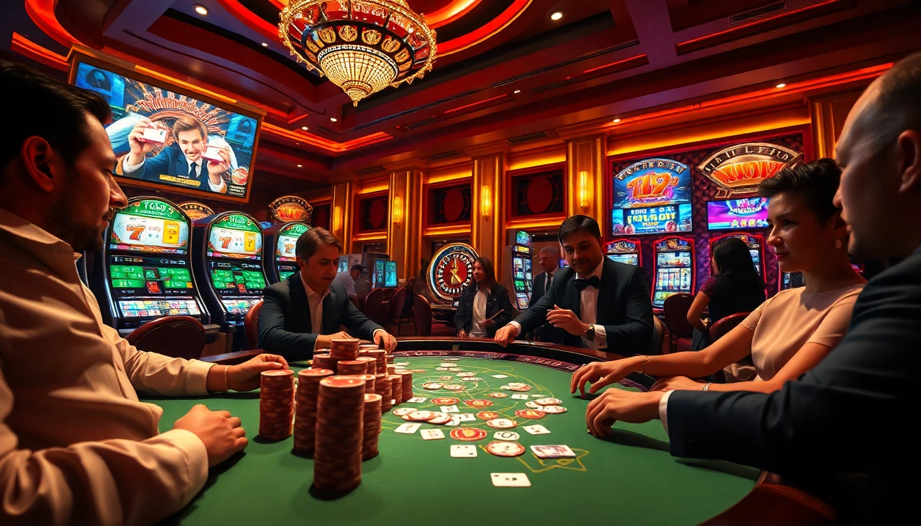 Intense gameplay at 'trang okfun' casino, showcasing poker chips, cards, and vibrant roulette wheel.