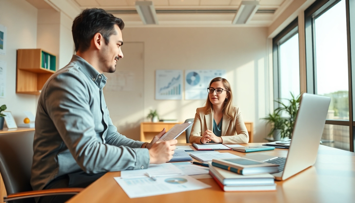 Scena di consulenza professionale presso Clinica del Debito: un consulente amichevole assiste un cliente in un moderno ufficio.