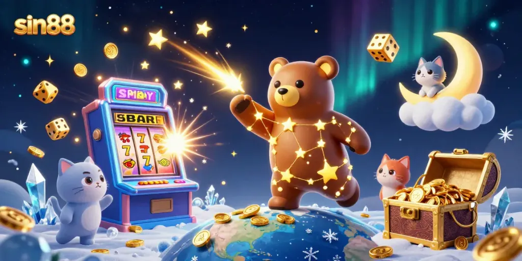 Join the fun at sin88 with a dazzling 3D illustration of a jackpot slot machine surrounded by enchanting characters.