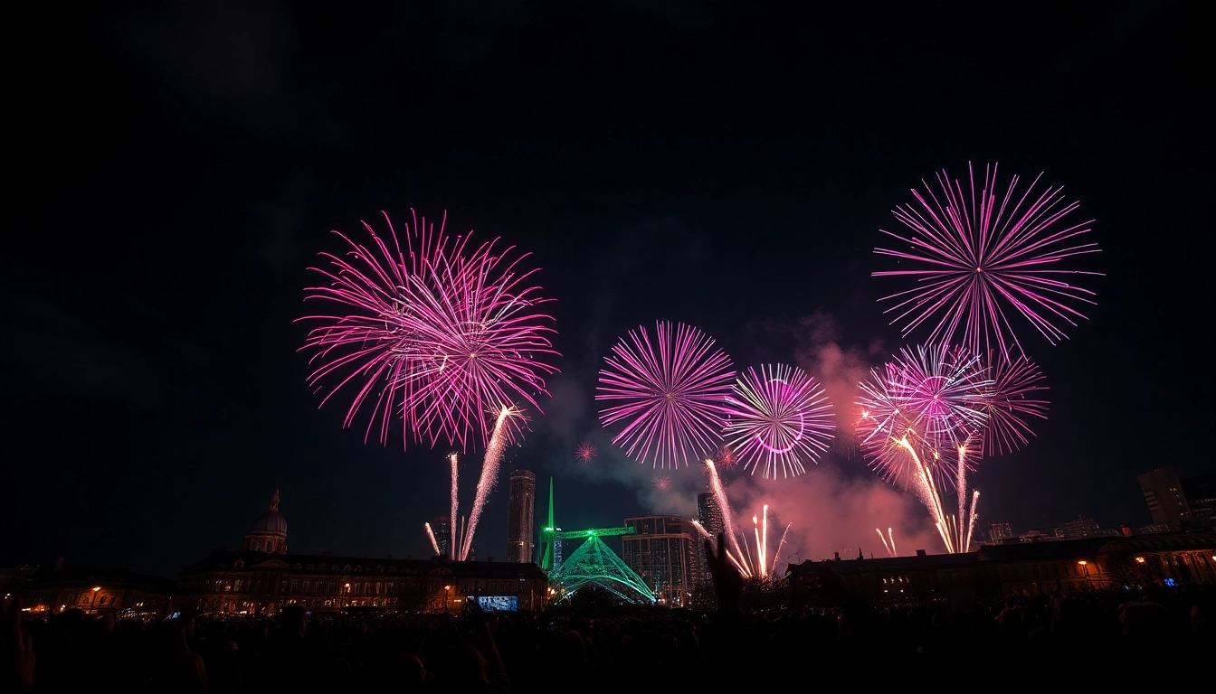 Experience stunning Manchester fireworks illuminating the night with vibrant colors and lively crowds.