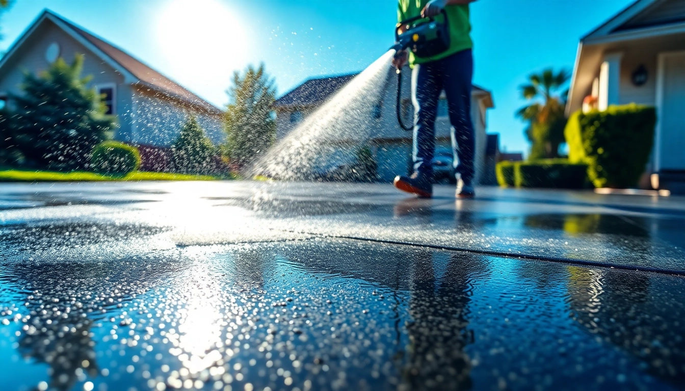 A professional performing pressure washing on a driveway, showcasing effective cleaning techniques.