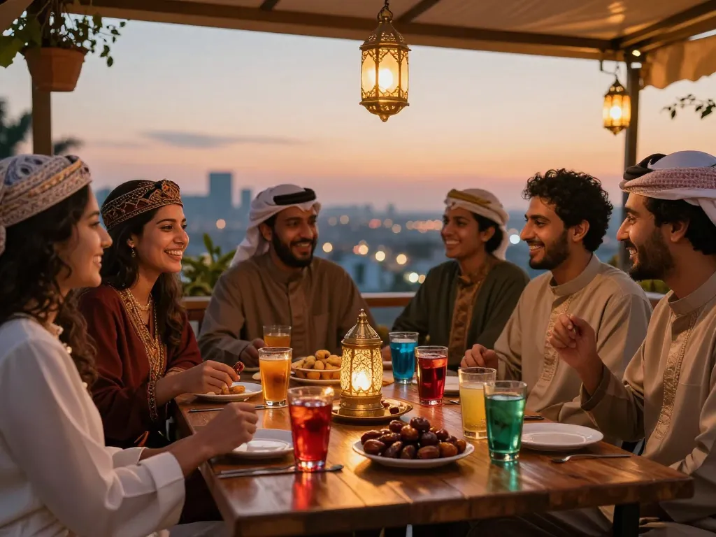 Friends enjoying refreshing drinks at a cafe during Iftar, capturing moments of joy with rokok88.