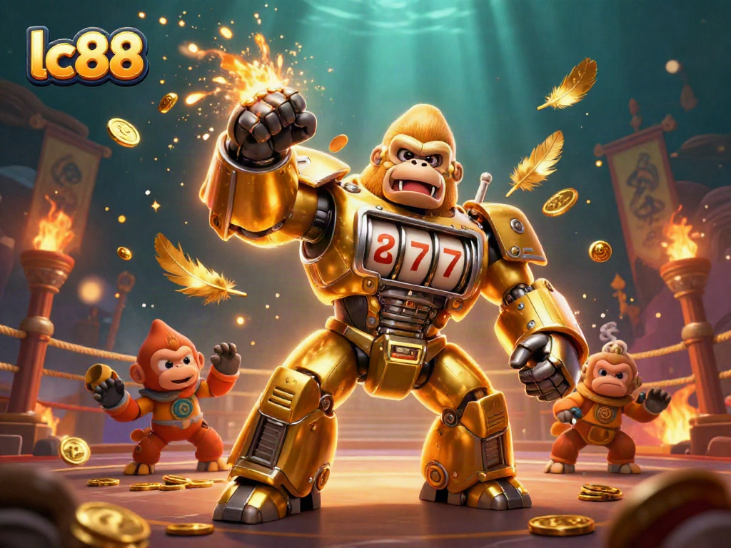 Engage with lc88 through an action-packed casino scene featuring a mech gorilla and a monkey pilot.