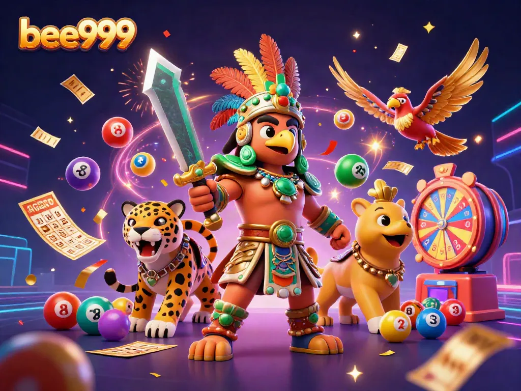 Experience excitement with bee999 as an Aztec eagle warrior joins a vibrant casino scene.