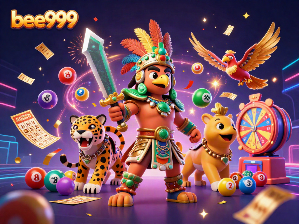 Experience excitement with bee999 as an Aztec eagle warrior joins a vibrant casino scene.