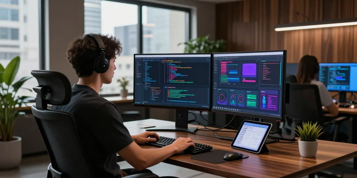 Developer utilizing juicy AI tools in a modern tech workspace with coding screens and a city view.