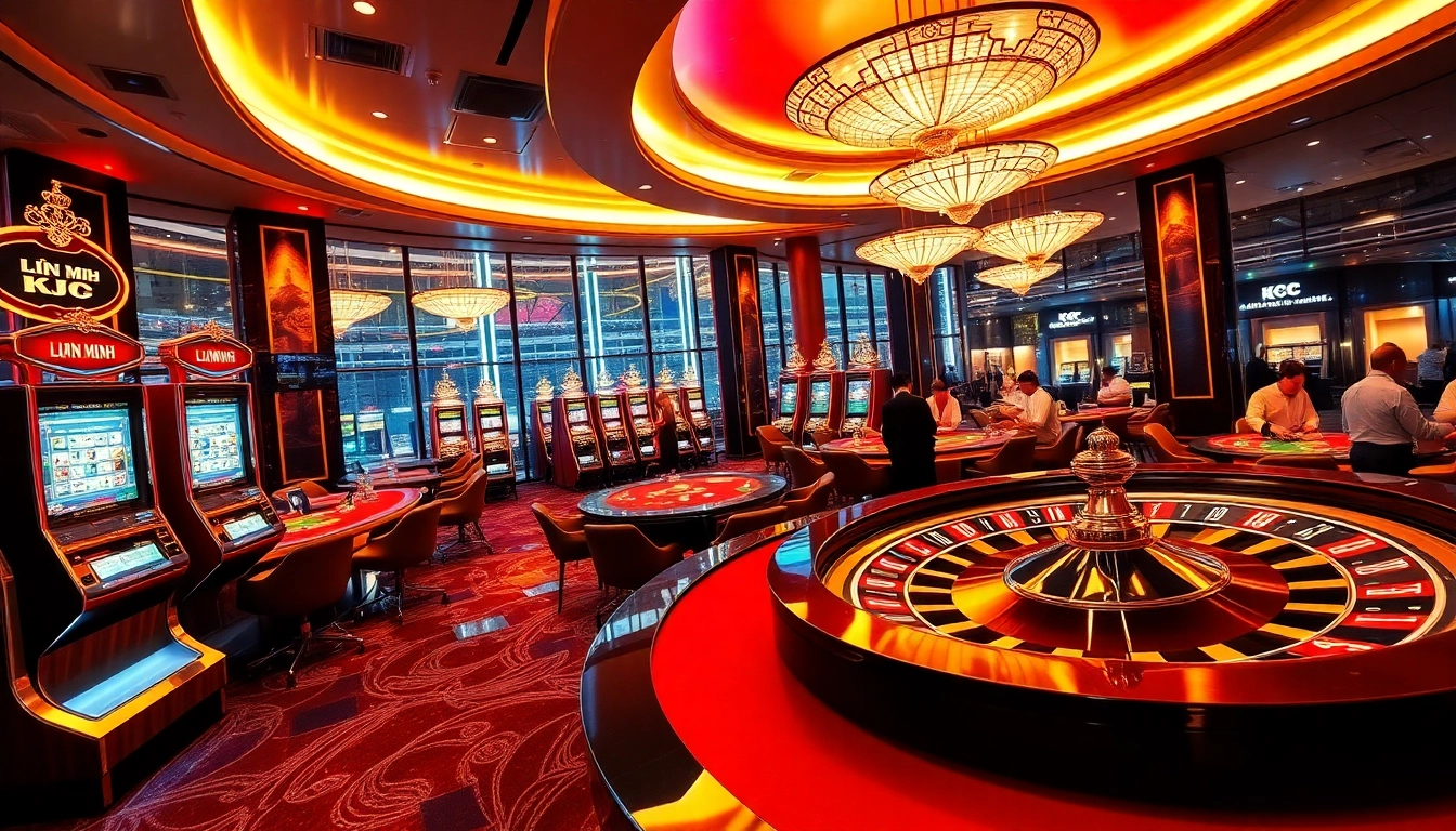 Players engaging in thrilling gambling at a casino showcasing LIÊN MINH KJC's vibrant atmosphere.