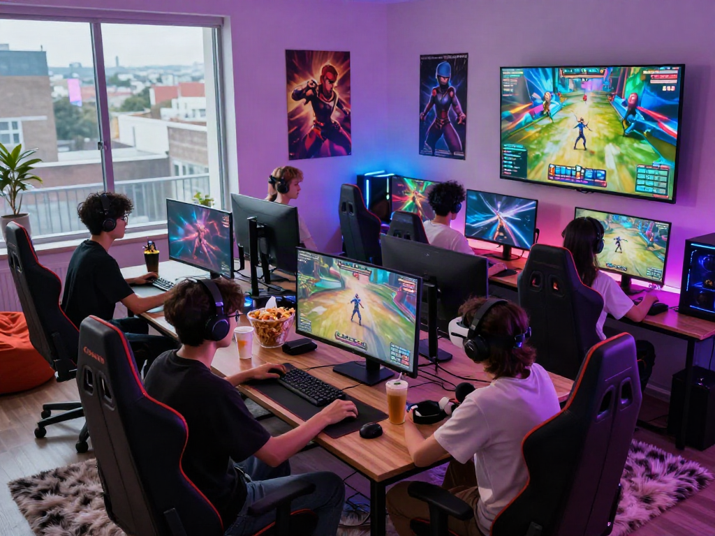 Exciting gaming lounge featuring young adults enjoying xxx games with high-performance setups.