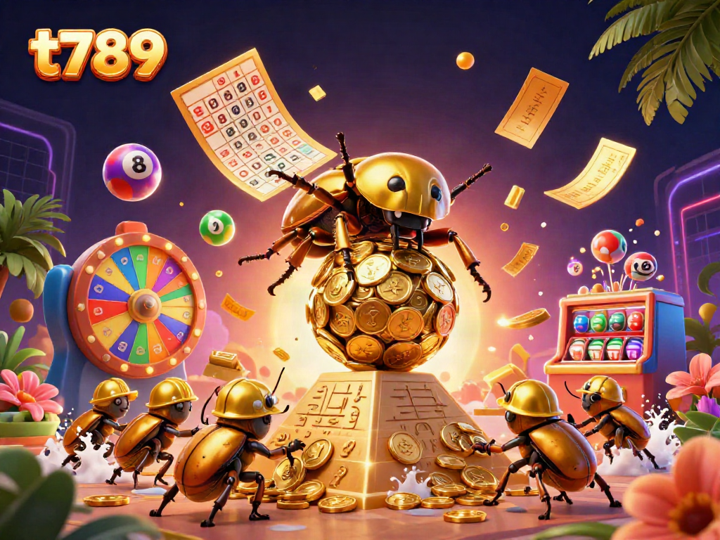 T789 captivates with golden beetles collecting coin treasures in a vibrant casino-themed world.